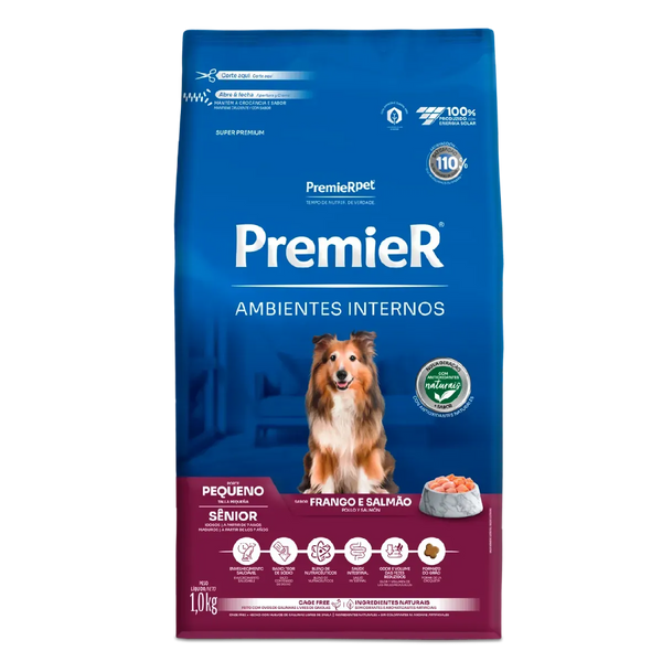 Ração Premier Ambientes Internos Cães Sênior Porte Pequeno Frango e Salmão 1Kg 2,5kg