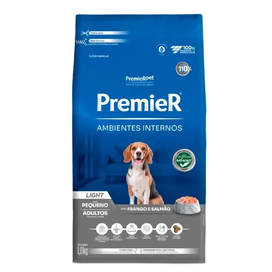 Ração Premier Ambientes Internos Light Cães Adultos Porte Pequeno Frango e Salmão 1Kg 2,5kg