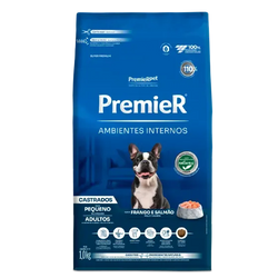 Ração Premier Ambientes Internos Castrados Cães Adultos Porte Pequeno Frango e Salmão 1Kg 2,5kg