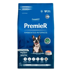 Ração Premier Ambientes Internos Castrados Cães Adultos Porte Pequeno Frango e Salmão 1Kg 2,5kg