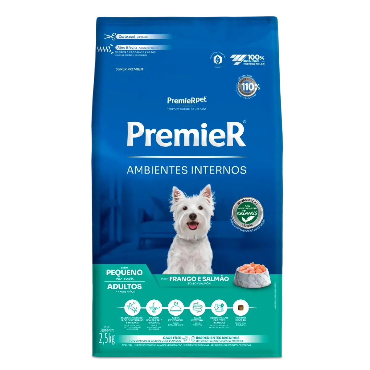 Ração Premier Ambientes Internos Cães Adultos Porte Pequeno Frango e Salmão 2,5kg 12Kgs