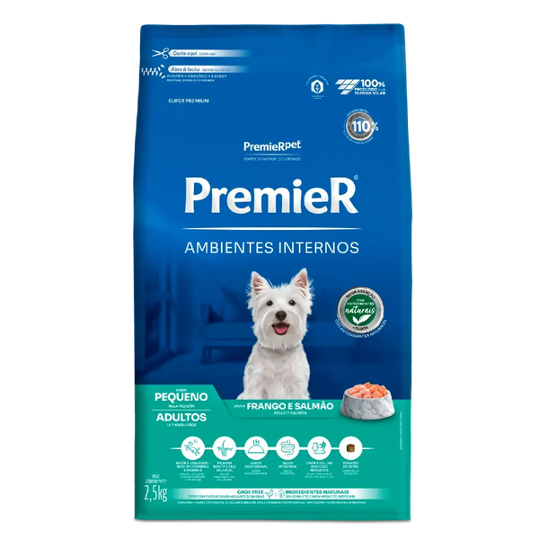 Ração Premier Ambientes Internos Cães Adultos Porte Pequeno Frango e Salmão 2,5kg 12Kgs