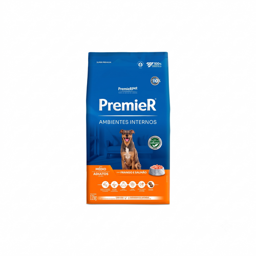 Ração Premier Ambientes Internos Cães Adultos Porte Médio Frango e Salmão 12kg