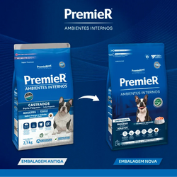 Ração Premier Ambientes Internos Castrados Cães Adultos Porte Pequeno Frango e Salmão 1Kg 2,5kg