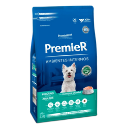 Ração Premier Ambientes Internos Cães Adultos Porte Pequeno Frango e Salmão 2,5kg 12Kgs