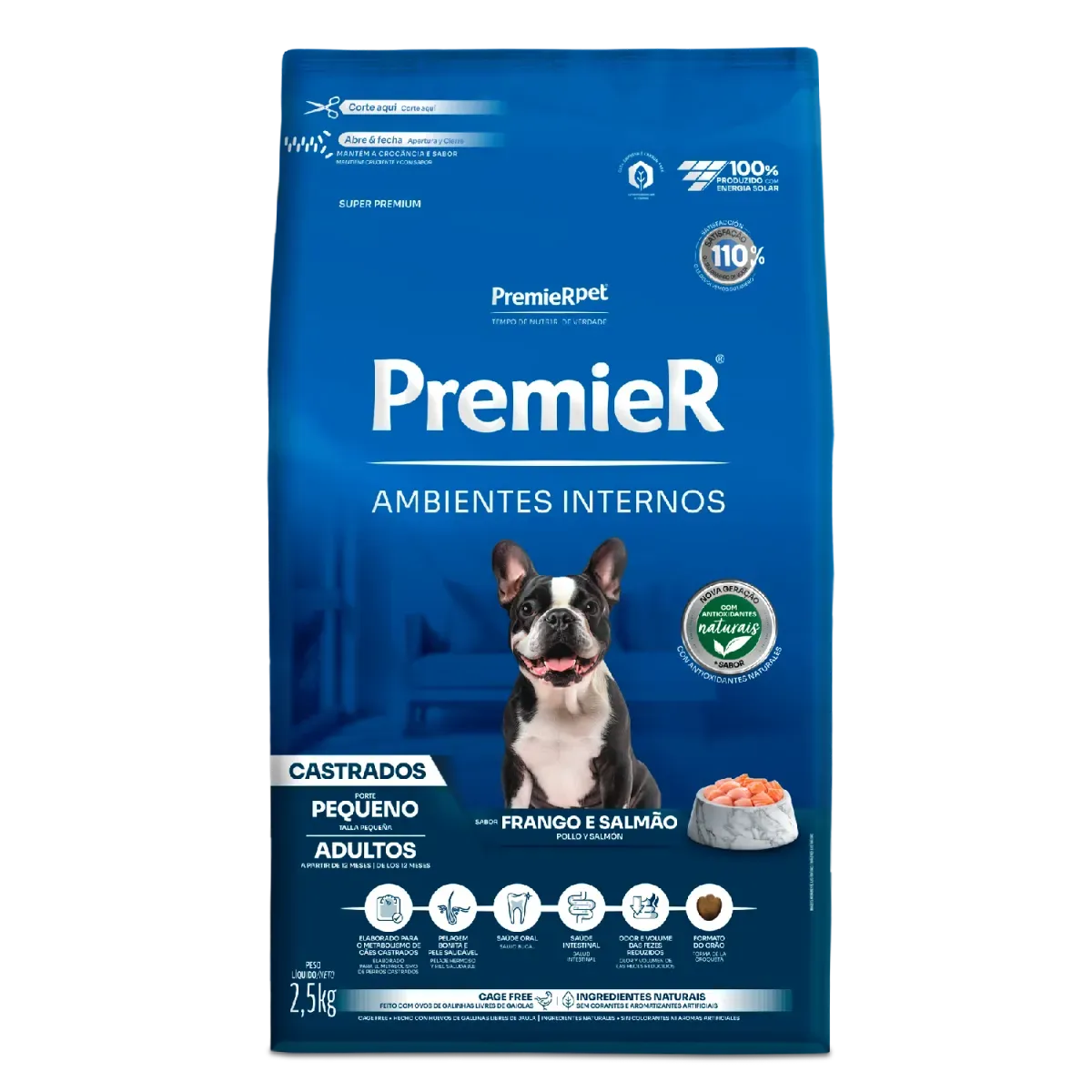 Ração Premier Ambientes Internos Castrados Cães Adultos Porte Pequeno Frango e Salmão 1Kg 2,5kg