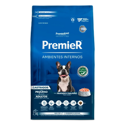 Ração Premier Ambientes Internos Castrados Cães Adultos Porte Pequeno Frango e Salmão 1Kg 2,5kg