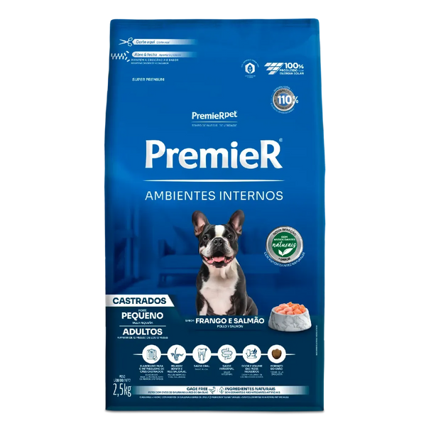 Ração Premier Ambientes Internos Castrados Cães Adultos Porte Pequeno Frango e Salmão 1Kg 2,5kg
