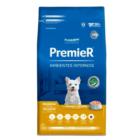 Ração Premier Ambientes Internos Cães Filhotes Porte Pequeno Frango e Salmão 2,5kg 12Kgs