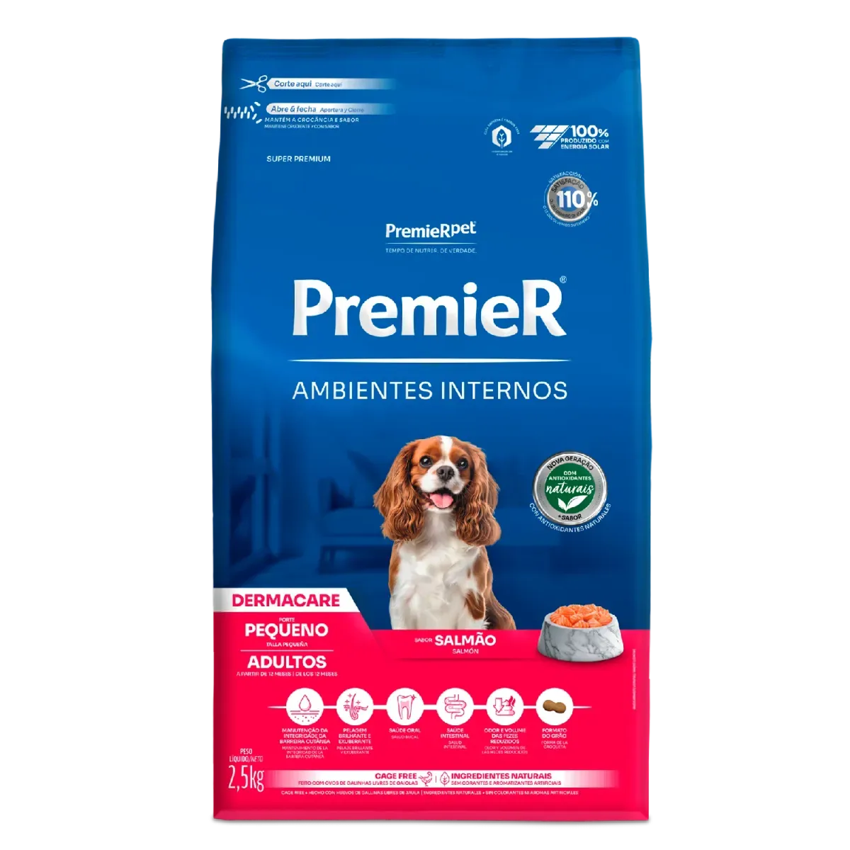 Ração Premier Ambientes Internos Dermacare Cães Adultos Porte Pequeno Salmão 2,5kg