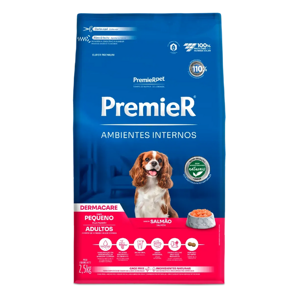 Ração Premier Ambientes Internos Dermacare Cães Adultos Porte Pequeno Salmão 2,5kg