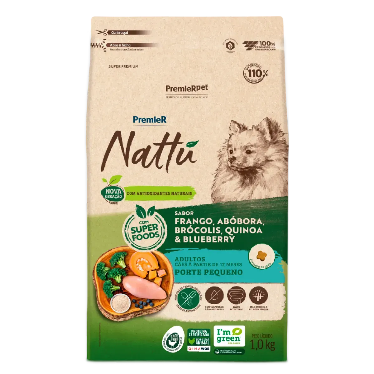 Ração Premier Nattú Frango, Abóbora e Super Foods para Cães Adultos de Porte Pequeno 1kg